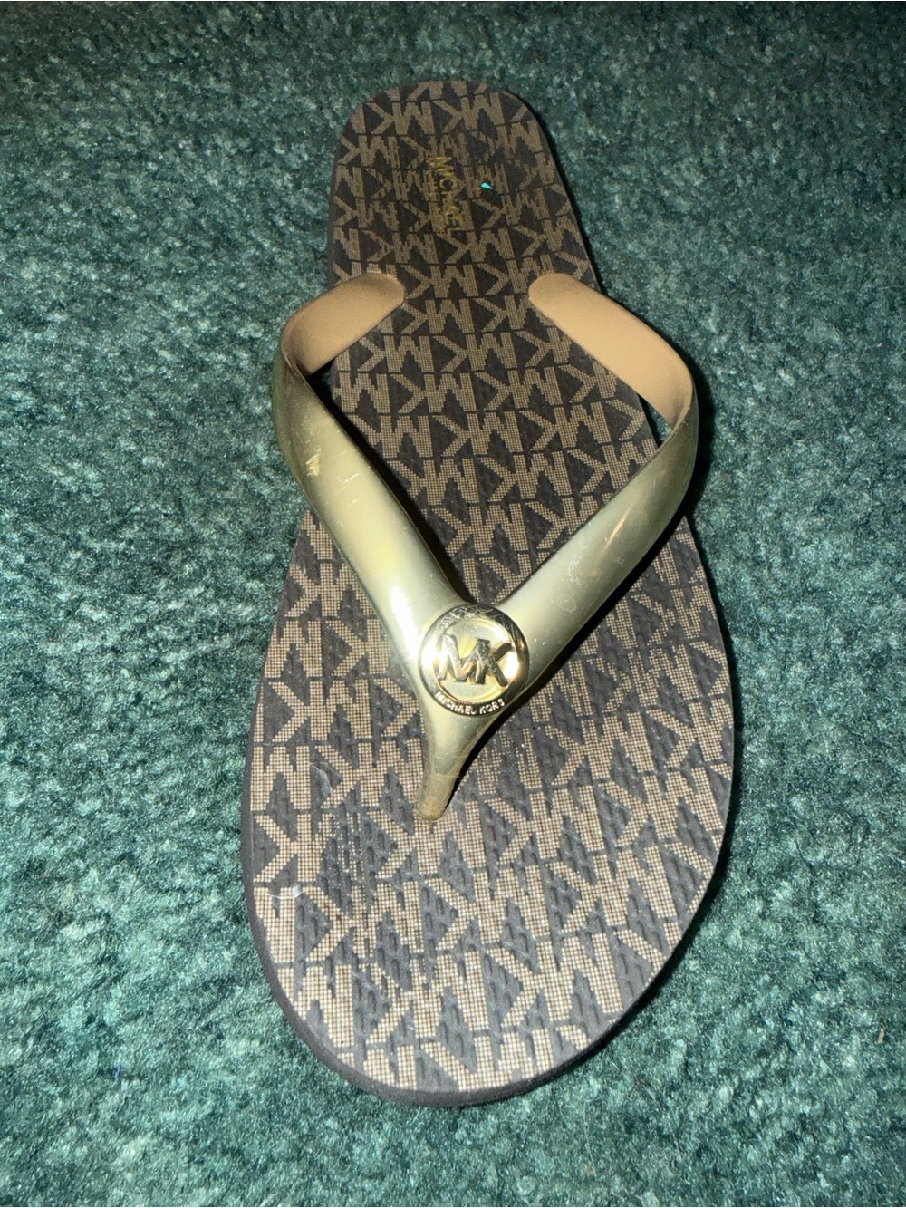 Michael Kors Metallic Gold and Brown MK Monogram Flip Flop